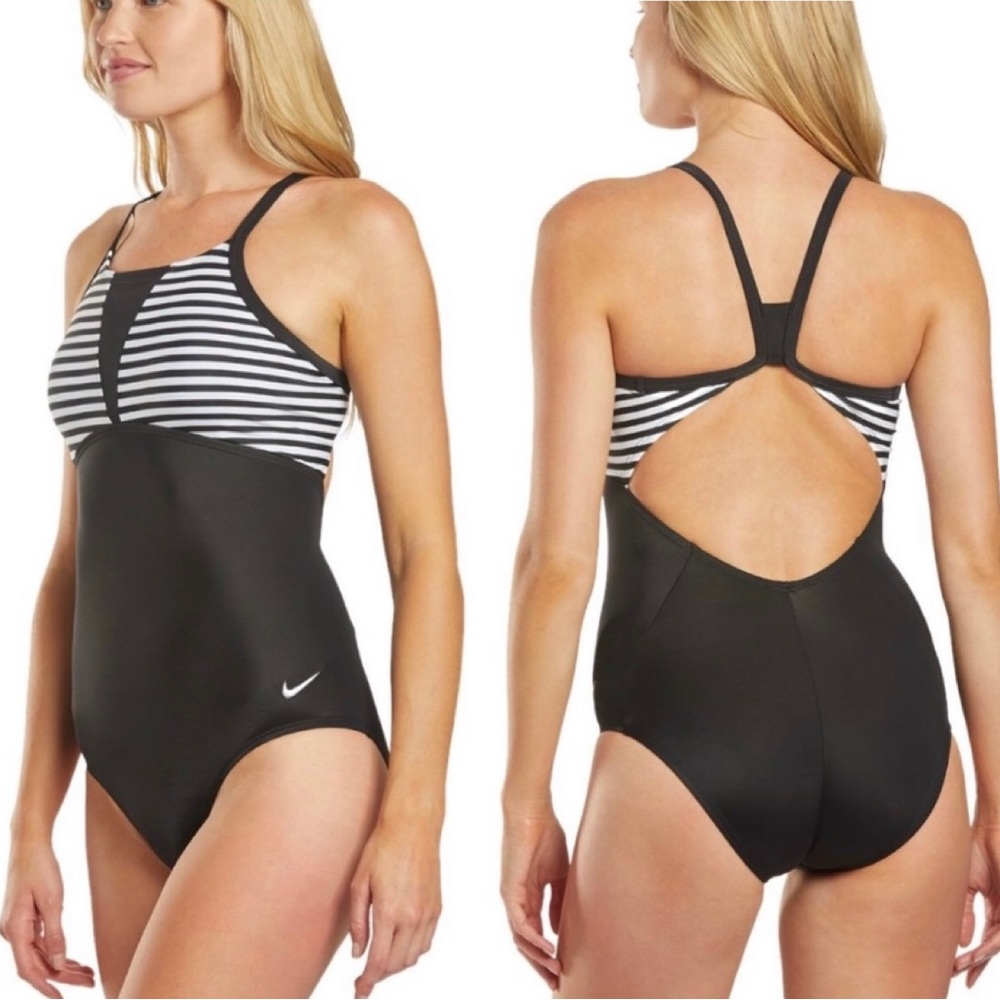 NIKE Women’s One Piece Swimsuit Small Black White Laser Stripe Racerback Relay